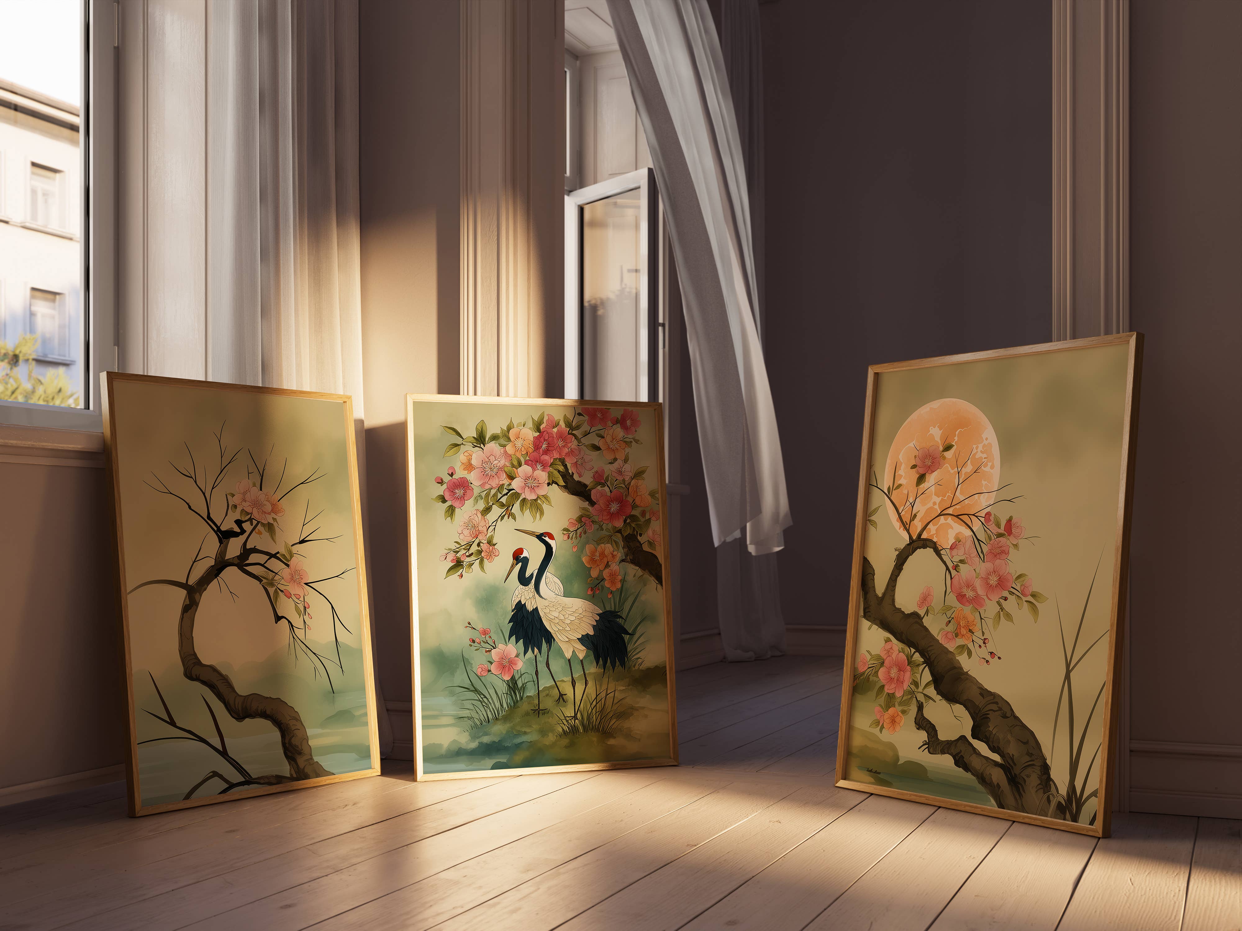 IuliiaArtPrints – wholesale Art print – Red-Crowned Cranes – Japanese Cherry Blossom Triptych Print4