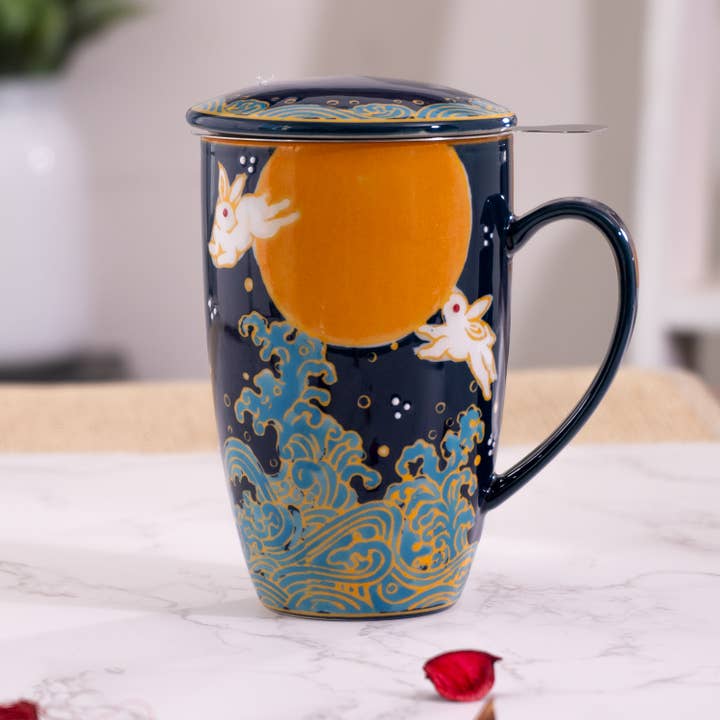 Urban Tokyo - Wholesale Coffee Mug - Moon Rabbit Design 15oz Tea Mugs with Lid and Infuser