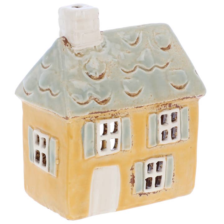 Village Pottery Yellow Shutter House Tealight for wholesale by Joe Davies