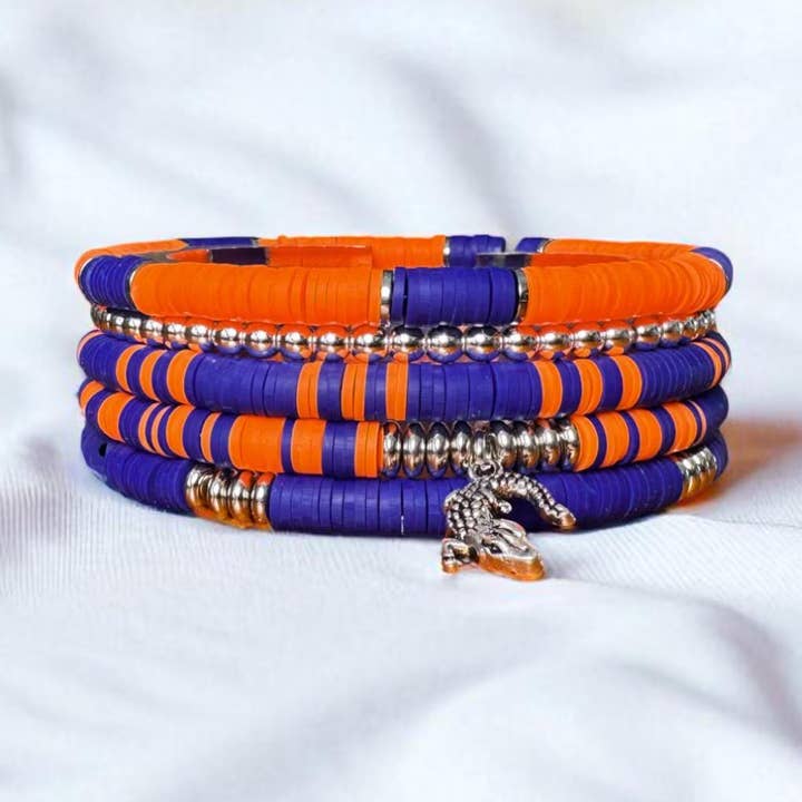 Blue and Orange Game Day Bracelet Stack for wholesale by Fish Towne Designs, LLC