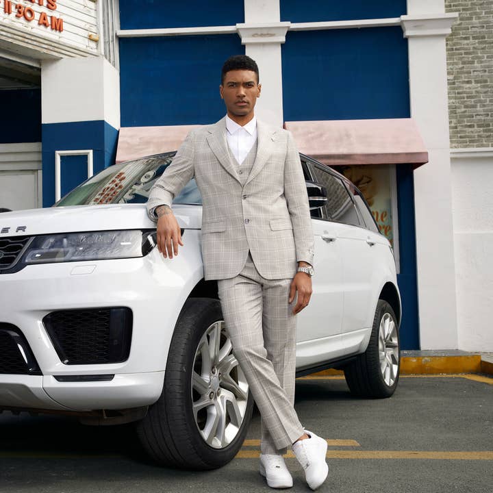 Stacy Adams Windowpane Check 3-Piece Mens Suit, Lt Grey for wholesale by Suits America