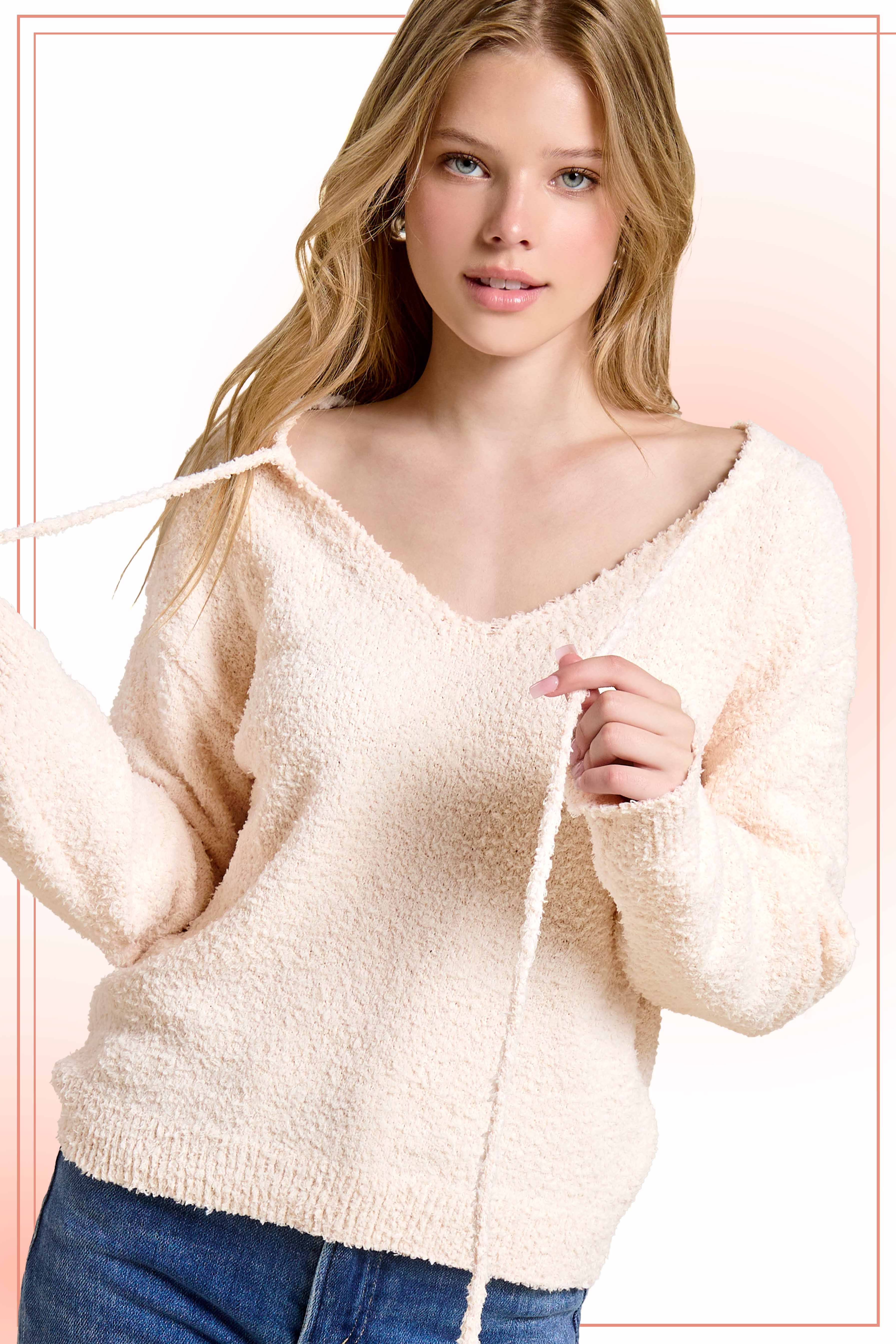 La Miel - Wholesale Knit Sweater - Women's - JDS3605-Fuzzy Reversible Drawstring V-Neck Sweater3