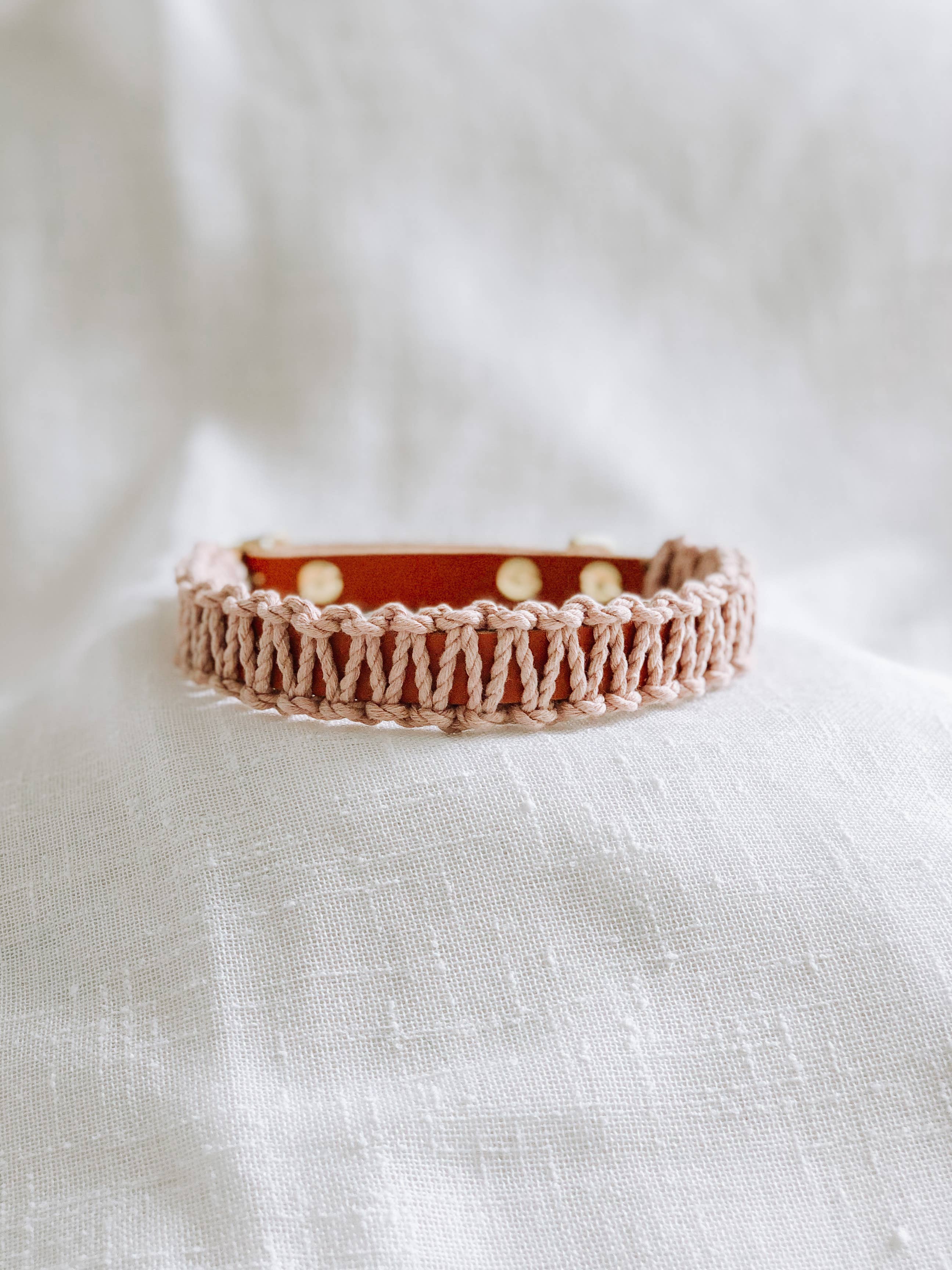 EMBER & IVORY - Wholesale Pet Collar - Dog - Caramel/Blush Macrame & Leather Dog Collar2