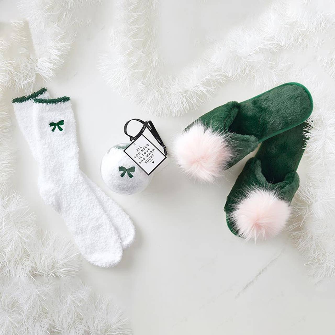 Bella Sleep + Spa - Wholesale Slippers - Women's - Plush Slippers - Green with Blush Pom Pom4