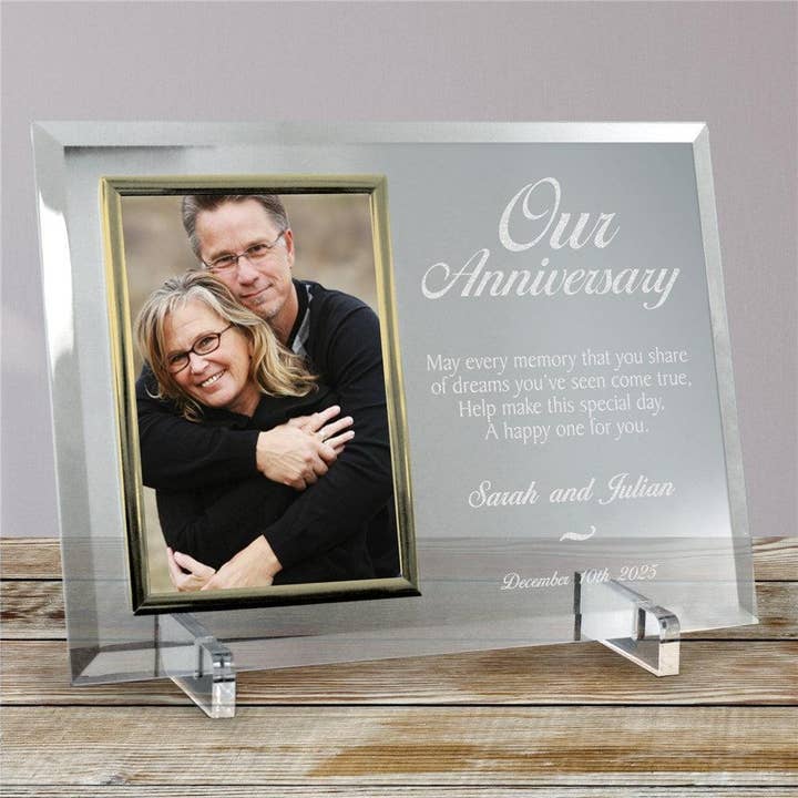 Our Anniversary Personalized Beveled Glass Frame for wholesale by Sunny Jar Personalized