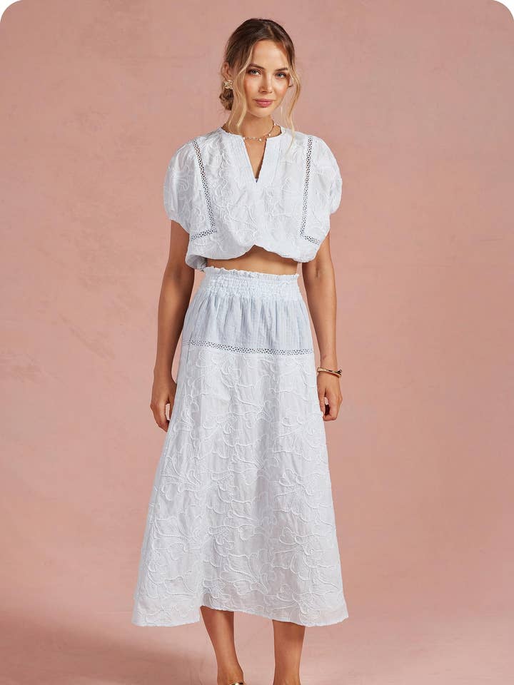 Floral Embroidery Cotton Lace Trim Skirt Top Set for wholesale by Strut & Bolt