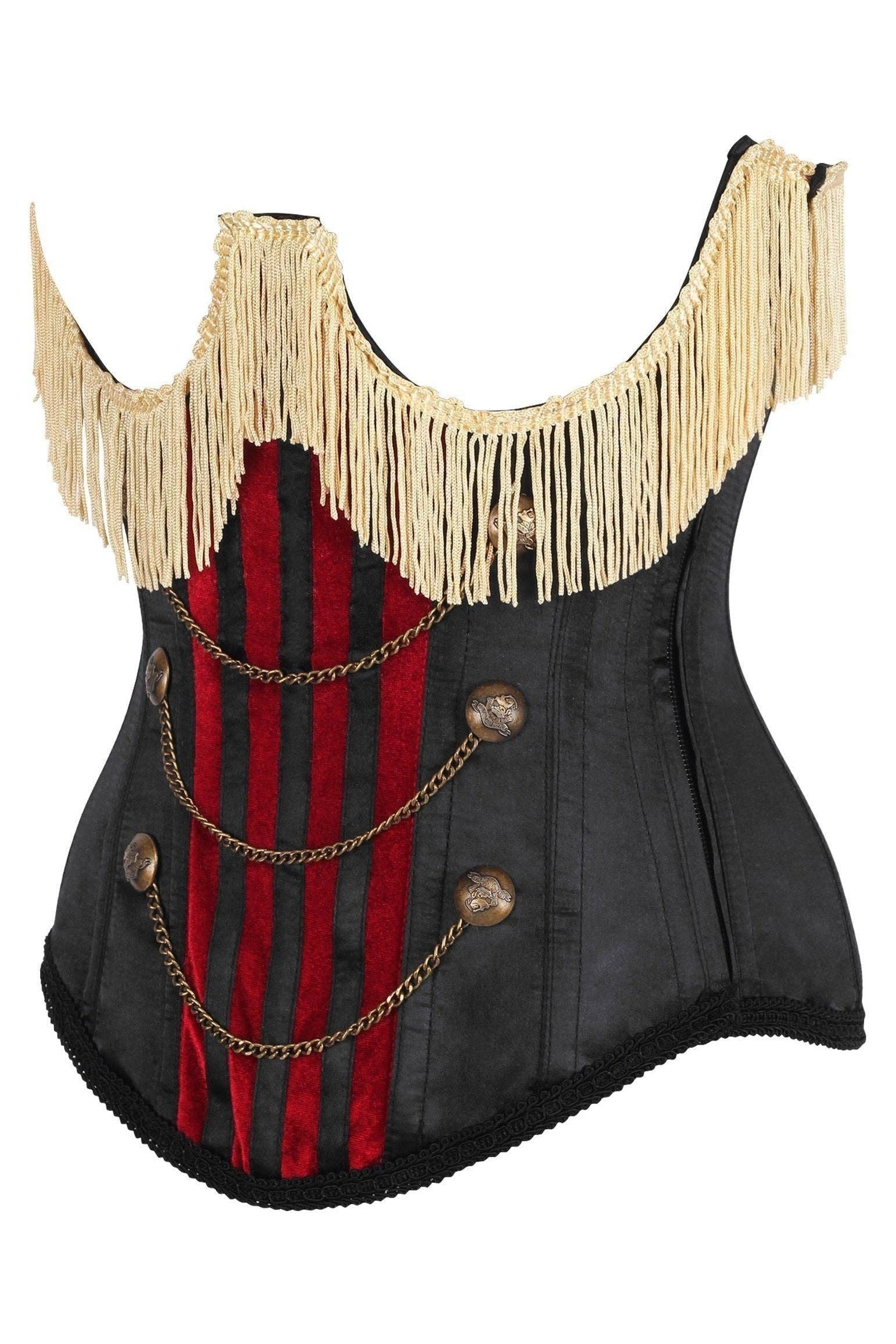 Daisy Corsets – wholesale Skirt – Women’s – Top Drawer Burlesque Underbust Black/Dark Red Steel Boned Corset w/Gold Fringe1