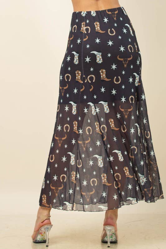 Svart/Khaki/Elfenben AS1300-DEMI VÄSTERLÄNDSKA ELEMENT TRYCKT FODRAD MAXI MESH KJOL för wholesale på Faire12