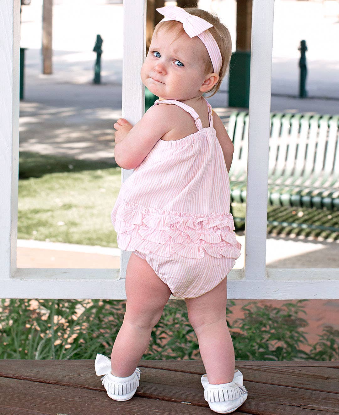 Baby Girls Pink Seersucker Bow Front Bubble Woven Romper for wholesale on Faire6