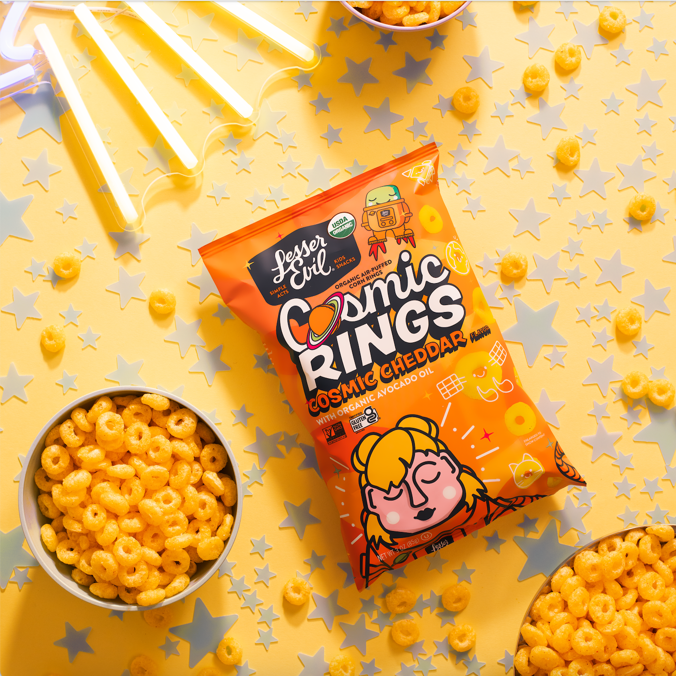 LesserEvil - Wholesale Puffed Snack - Cosmic Rings, Cosmic Cheddar, 3 oz3