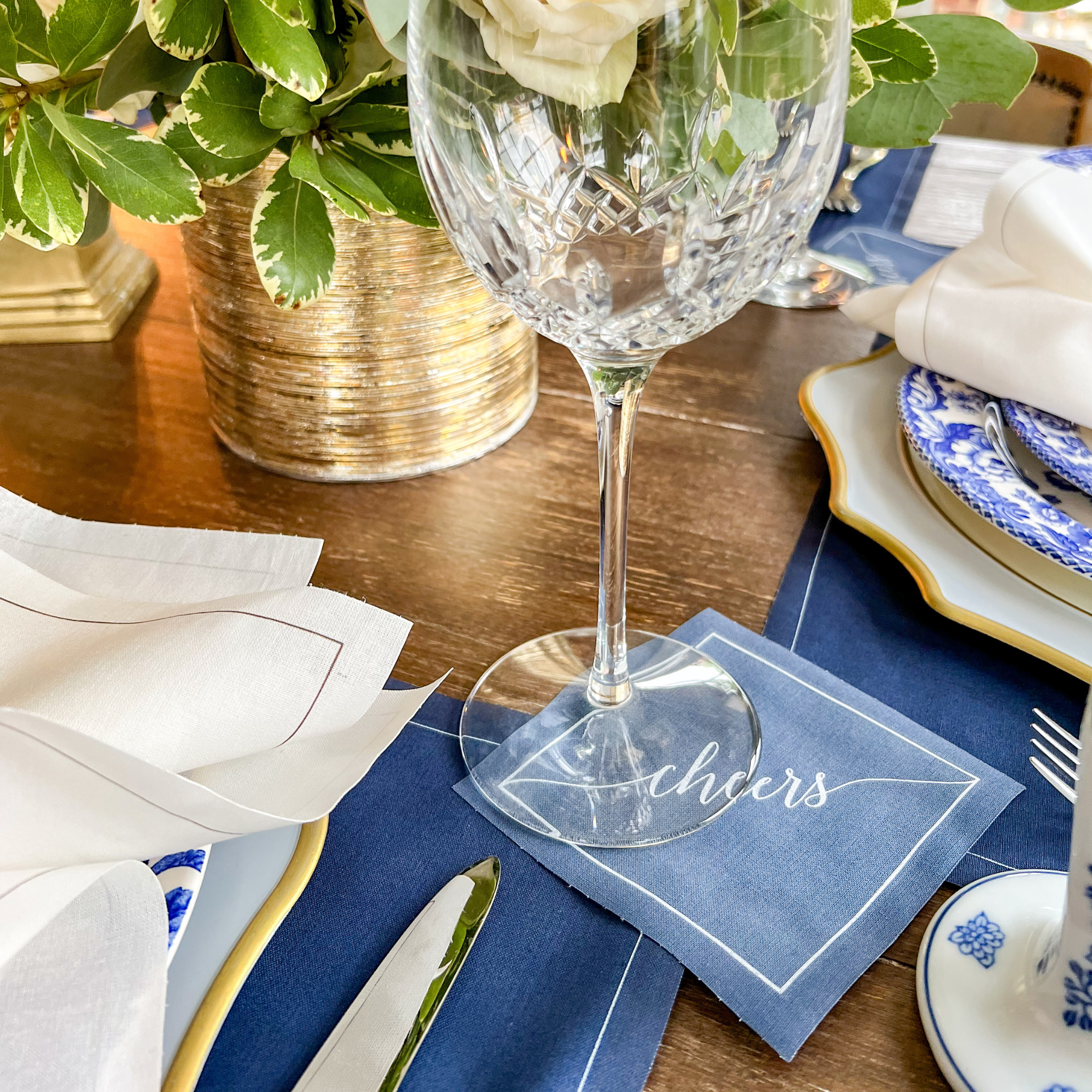 Table Theory (Formerly Toasting with Tara) – wholesale Disposable napkin – Cotton Cocktail Napkin Roll: Mystic Blue - White "Cheers"7