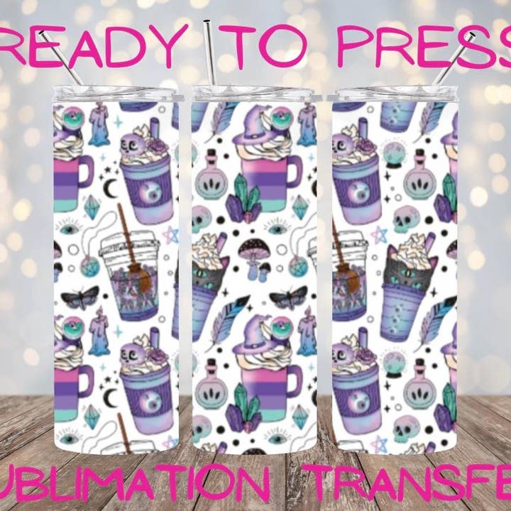 Transfert de sublimation de chat sorcière effrayant pour gobelets pour la vente par Hatch & Hug