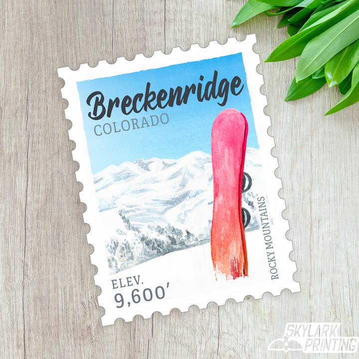 Snowboard Souvenir Stamp Sticker with Your City, State for wholesale by Skylark Printing