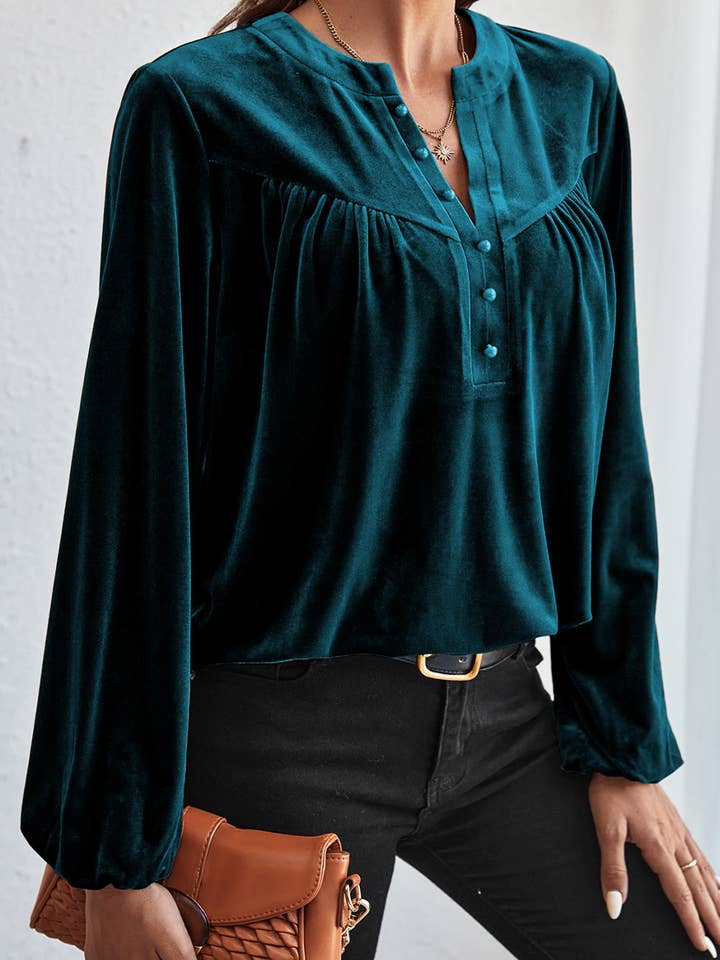 LALA LOO - Wholesale Blouse - Women's - Velvet Lantern Sleeve Beaded Top