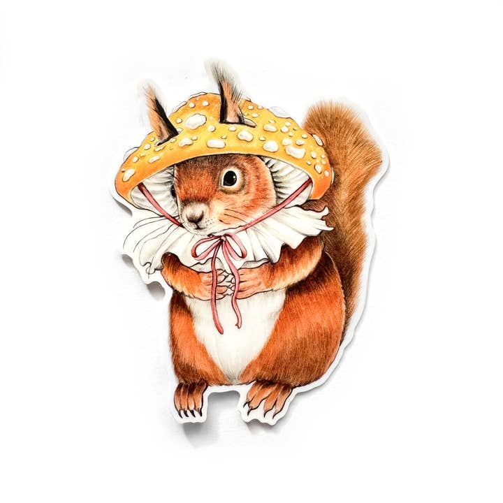 Allison Stoiser Art - Wholesale Sticker - Red Squirrel in Mushroom Hat Weatherproof Vinyl Sticker1