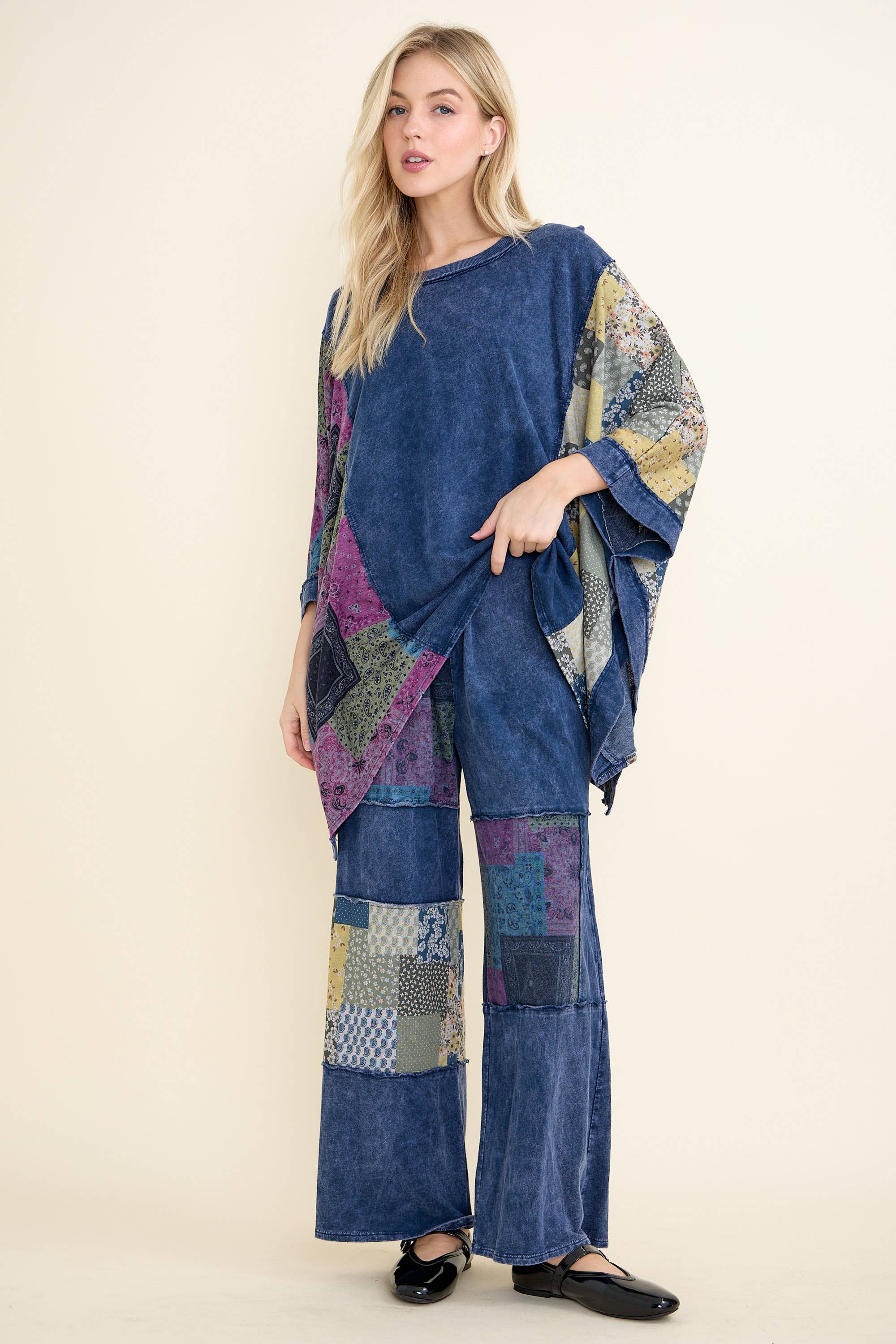 J.Her - Wholesale Poncho - Women's - Mineral Washed Boho Patch Poncho top HT6651 15