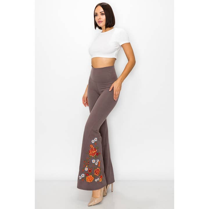 T-Party - Wholesale Pants - Women's - Floral Embroidery Flare Leg Foldover Waist Pants2