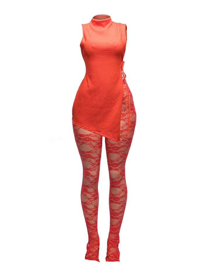 K Too - Wholesale Top & Pant Set (NOT Loungewear) - Women's - Side tie tunic with lace pant set