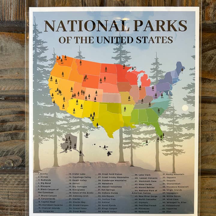 National Park Checklist Print 8x10", National Park Art for wholesale by Parks Art Collection