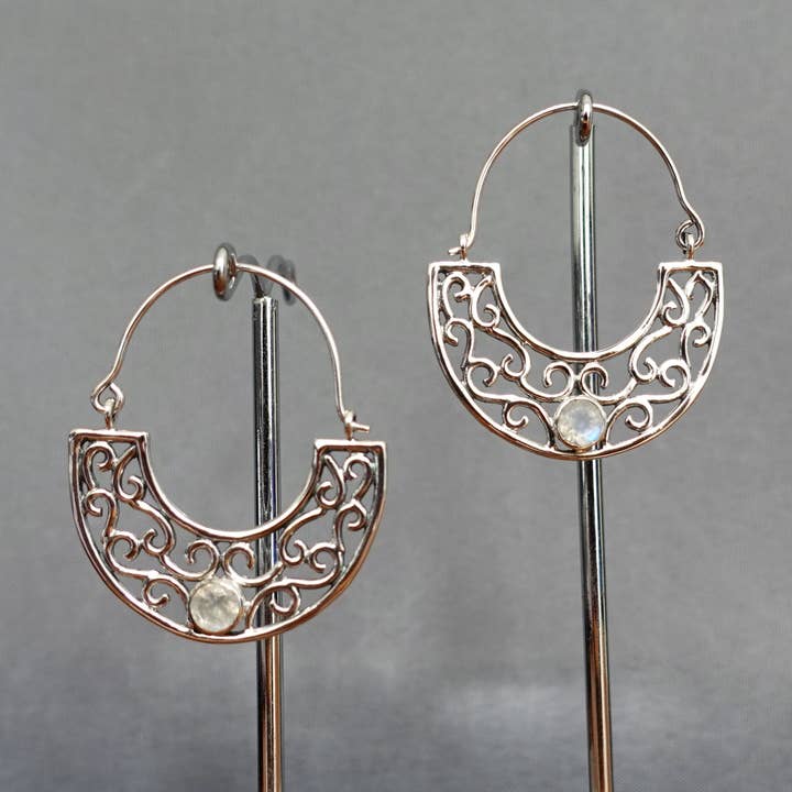 Tribal Silver Filigree Moonstone Earrings | Oxidised 925 Silver, E71M for wholesale by Mistry Gems