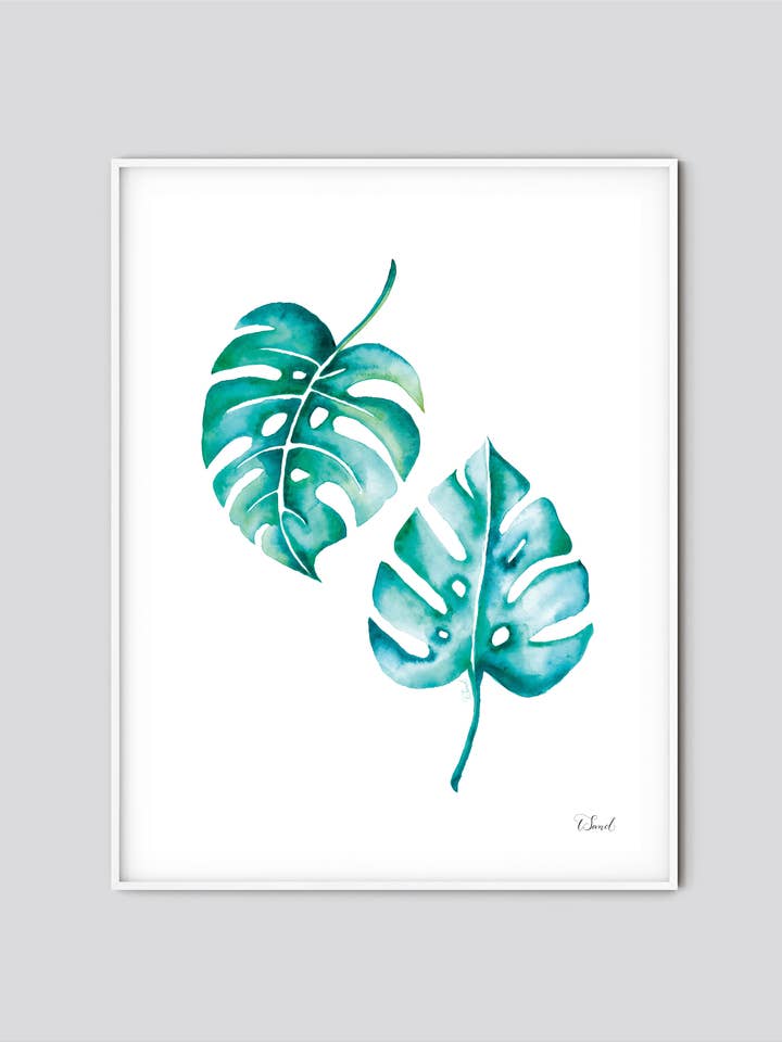 Impression artistique à l'aquarelle Monstera Leaf Duo pour la vente par Sandpaper Studio