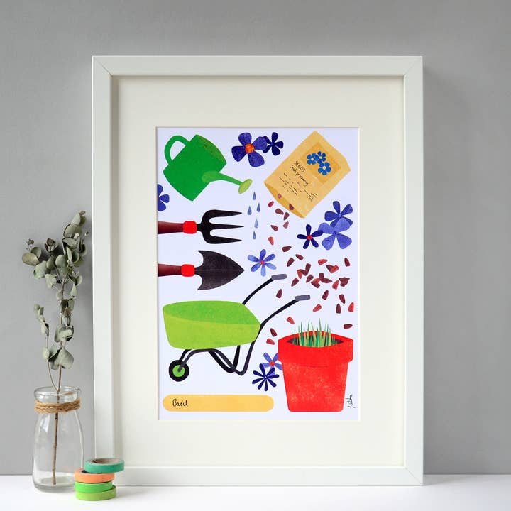 Impression artistique d'outils de jardinage pour la vente par Fiona Clabon Illustration