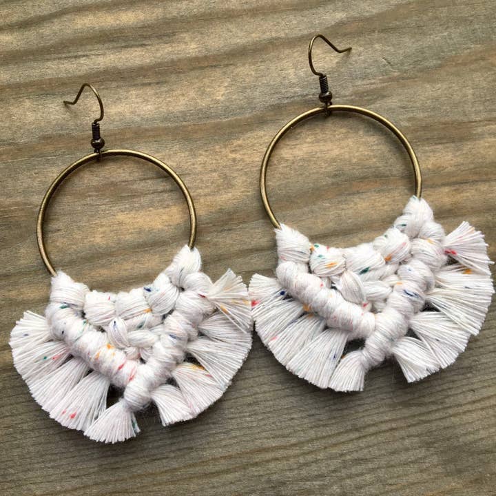 HK Macrame Jewelry - Wholesale Dangle Earrings - Large Square Knot Fringe Earrings - Rainbow Dust & Bronze1