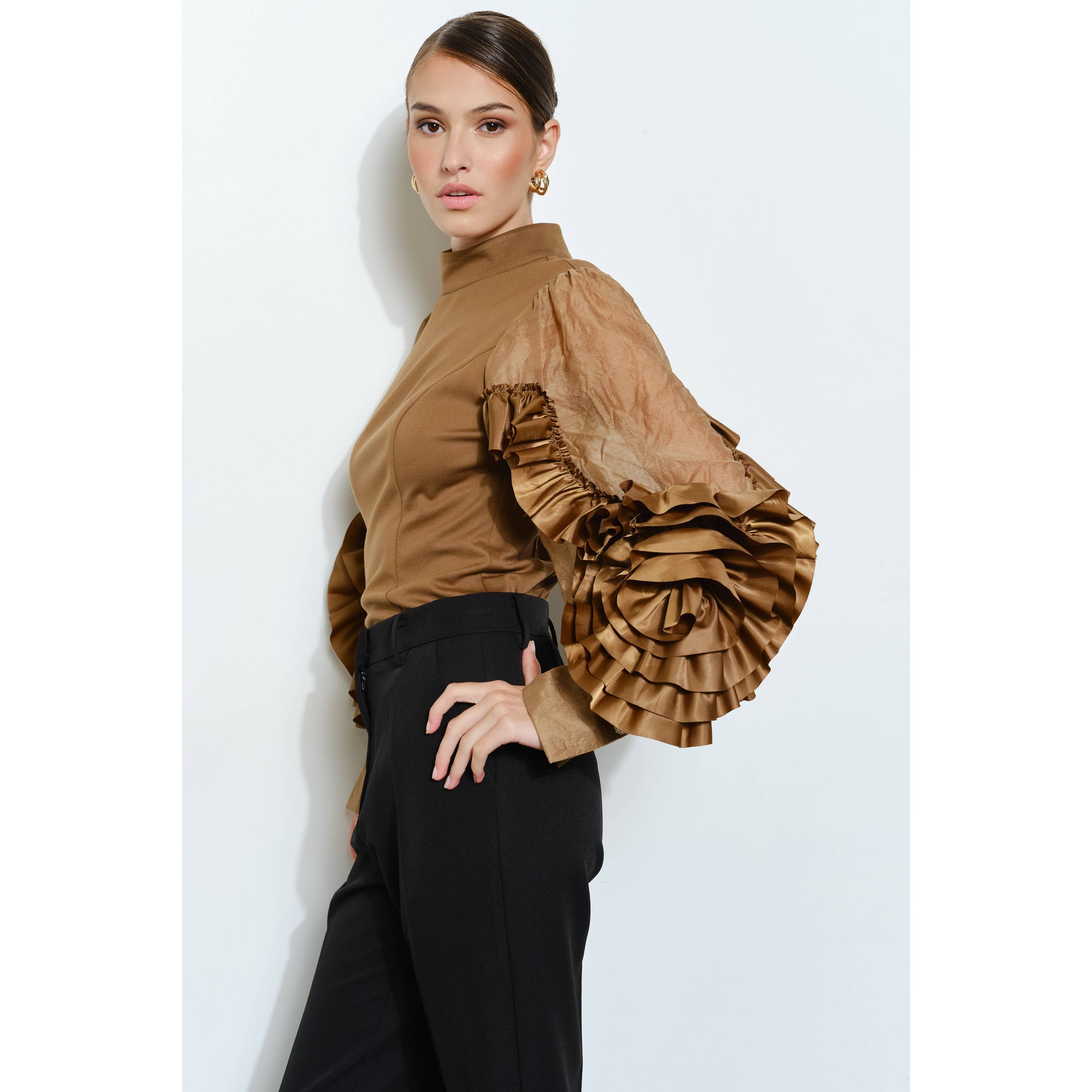 INA - Wholesale Blouse - Women's - Rosette Ruffle Sheer Sleeve Jersey Top18