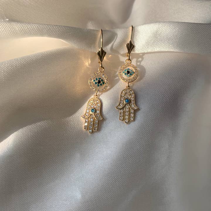 Kimiya Designs - Wholesale Dangle Earrings - Hamsa Evil Eye Earrings with Blue Gemstones
