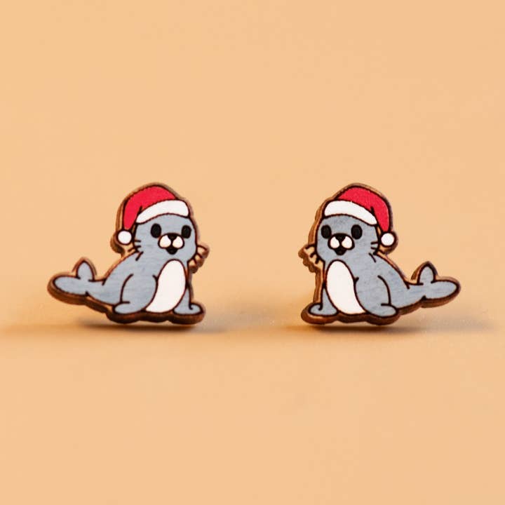 Hand-painted Seal with Santa Hat Christmas Wooden Earrings - PES13061 for wholesale by Robin Valley