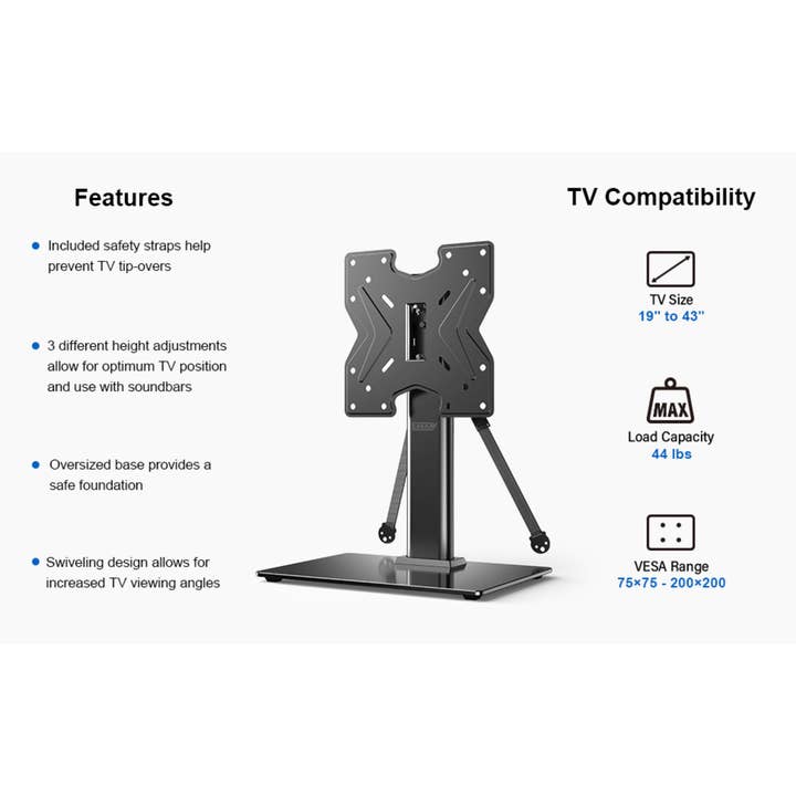 JupiterGear Home - Wholesale Console Table - ErgoAV Tabletop TV Stand with Swivel for 19” to 43” TVs