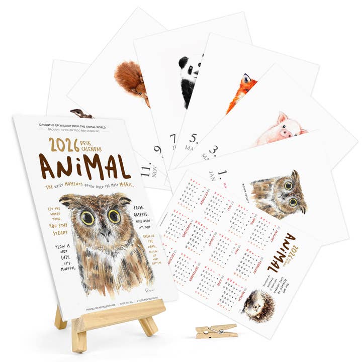 Todo Bien Design Inc - Wholesale Calendar - 2026 Animal Desk Calendar – Watercolor Animal with Easel5