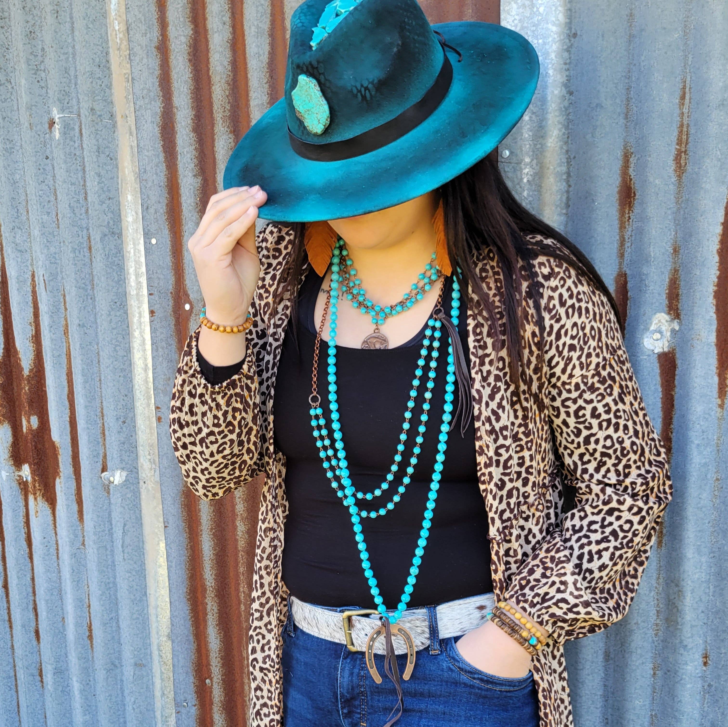 The Jewelry Junkie – wholesale Beaded/pearl necklace – Double Strand Blue Turquoise Beaded Necklace, Leather Tassel 252d1