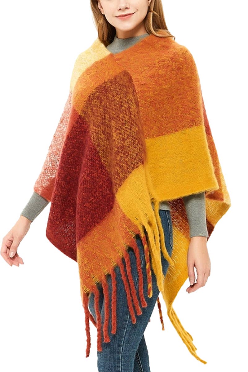 ASSORTED Multi Plaid Color Block Faux Cashmere Poncho for wholesale on Faire2