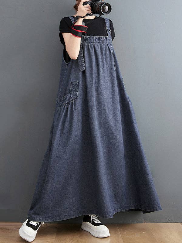 BLUE Vintage Loose Artistic Retro Solid Color Strap Denim Midi Dress for wholesale on Faire