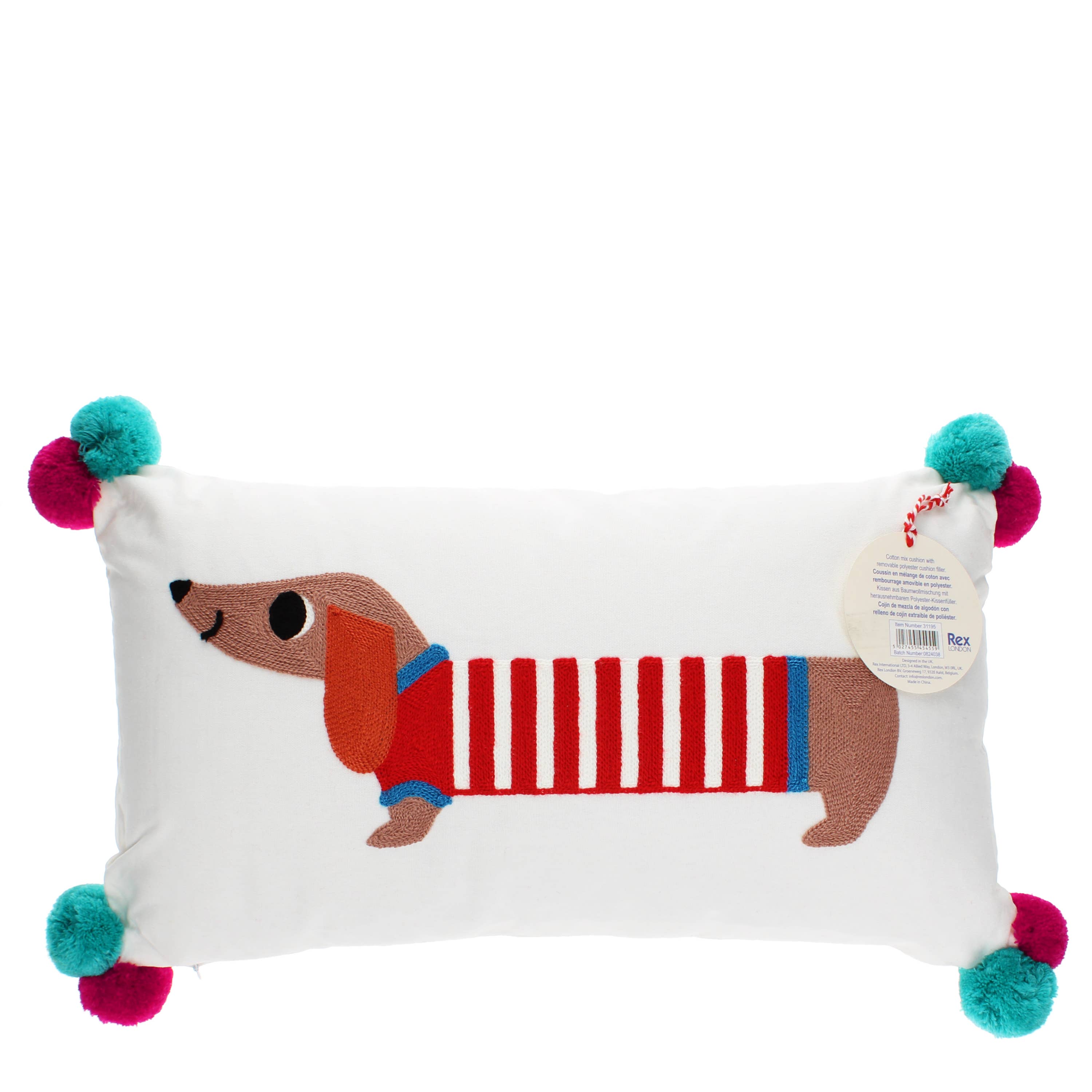 Rex B2B - UK - Vente Oreiller/coussin - Enfant et bébé - Coussin brodé avec pompons - Chien saucisse3