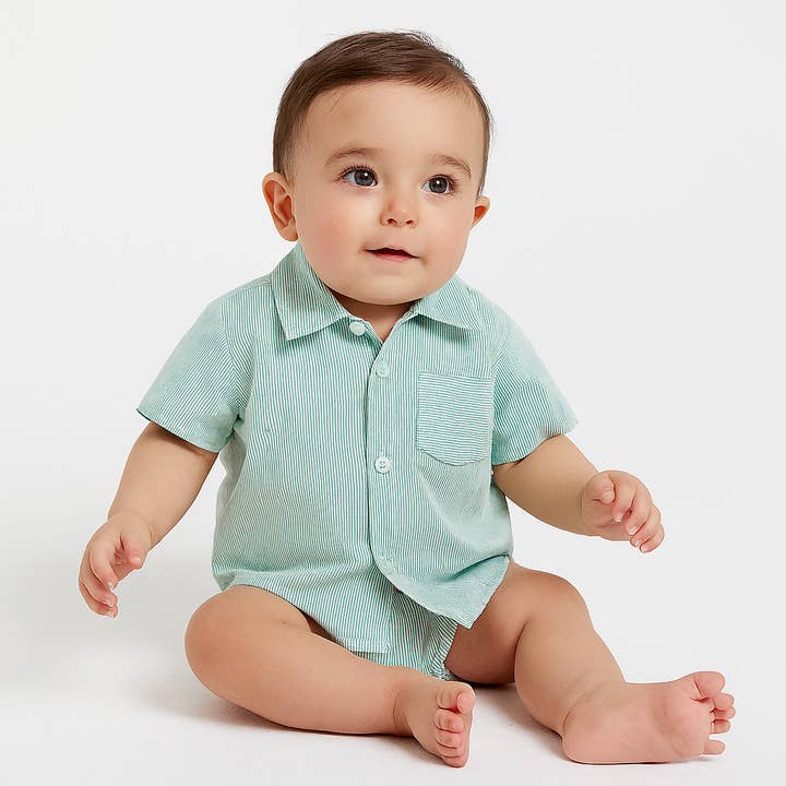 Fennco Styles - Wholesale Button Down Shirt - Kids - Green Stripe Boy Cotton Button-Down Short-Sleeve Dress Shirt1
