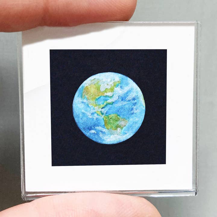 Mini 1" Planet Earth Tiny Watercolor Framed Art Print for wholesale by Mick's Art Goods