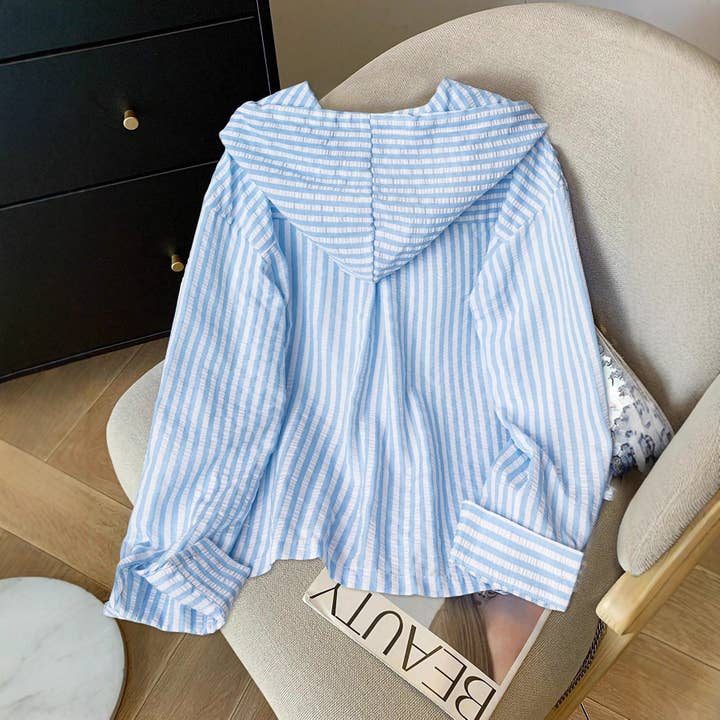 Camiseta de Mujer con Capucha a Rayas de Manga Larga de Ajuste Holgado con Protección Solar para venta al por mayor de Sheer Trend