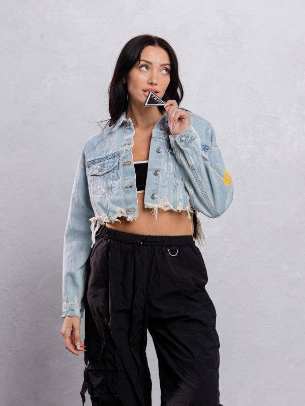 Trio Urban - Vente Veste en jean – femme - Veste courte en jean jaune Smiley Face23