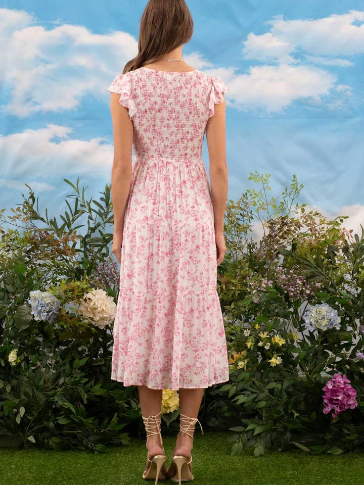 Blu Pepper - Wholesale Dress - Women's - FLORAL V NECK SMOCKED SHORT SLEEVE MIDI DRESS