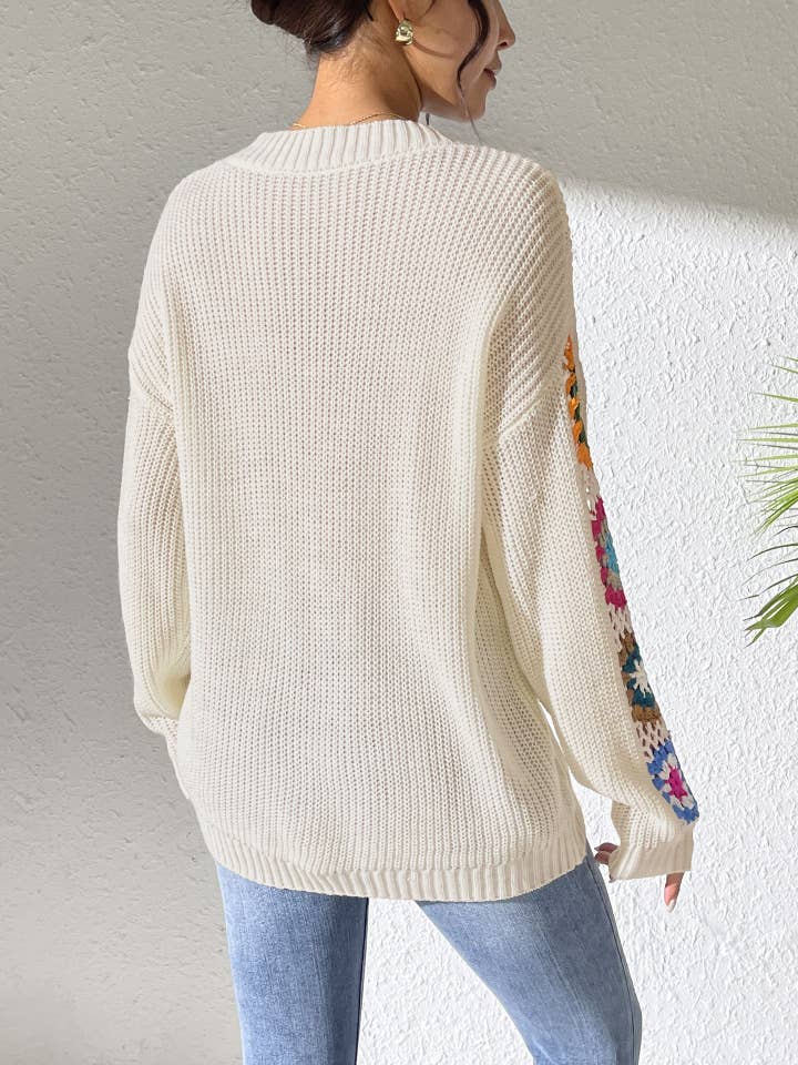 Suhkasana – wholesale Pullovertröja - Dam – Höst/Vinter Ledig Lös V-ringad Virkad Blommig Tröja11