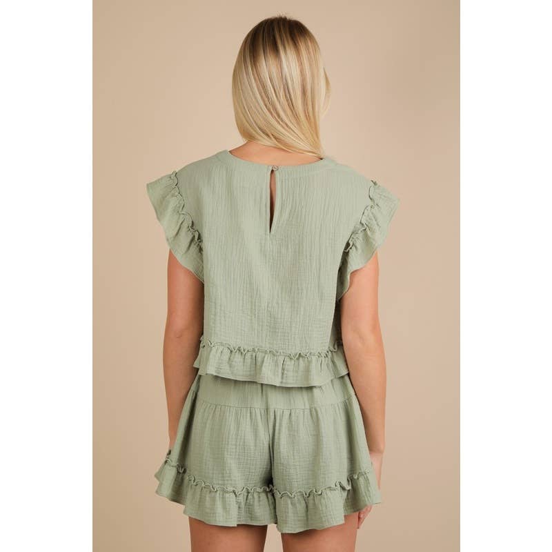 IVE - Vente Ensemble haut et short (PAS d'intérieur) - Femme - Ensemble haut tissé uni à volants ET short16