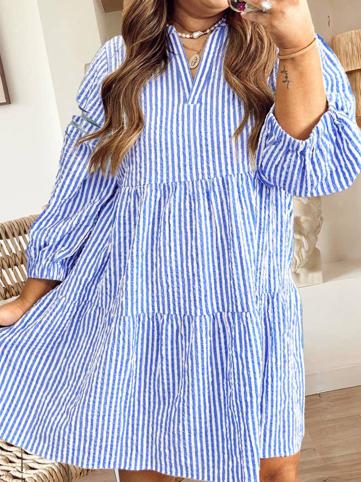 Plus Size Textured Notched Neck Long Puff Sleeve Dress for wholesale by 66DISCO