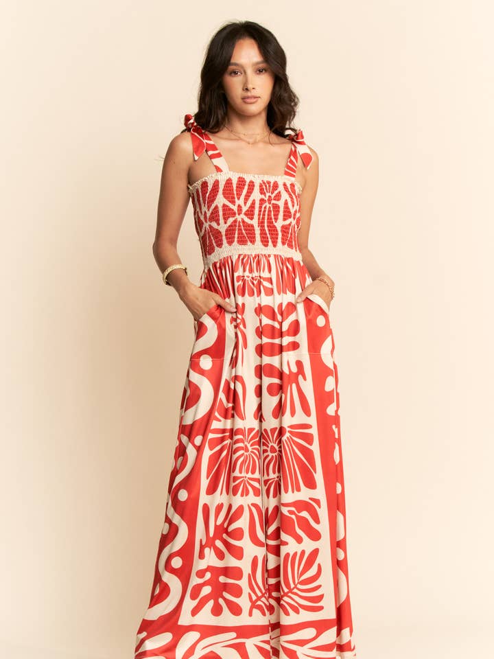 RETRO GEO FLORAL POSITION PRINTED KNIT JUMPSUIT for wholesale by Davi & Dani