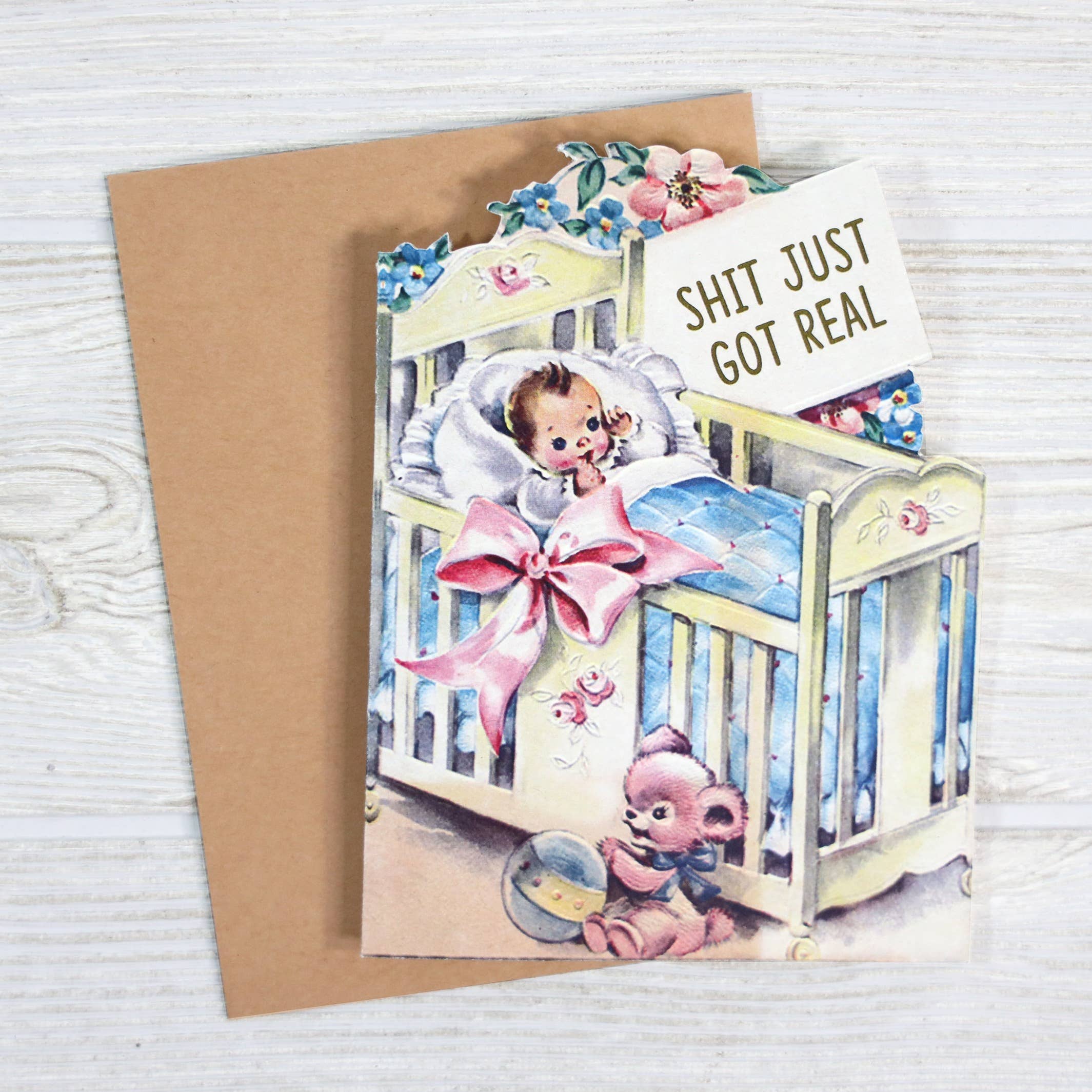 Bad Betty Greeting Co. - Wholesale Baby Card - Shit Just Got Real - Sarcastic Baby Shower Card1