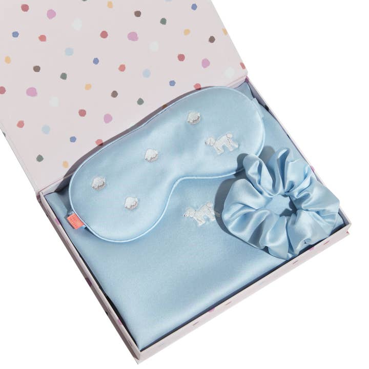 Blue "Pan Pan" 3 Piece Silk Gift Set - Silk Pillowcase & Silk Sleep Eye Mask & Silk Scrunchie for wholesale on Faire