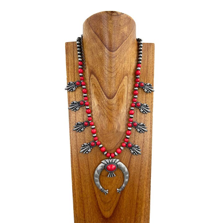 NKY221015-01-RED "24 Inches red stone and silver Navajo pearl beads Necklace with large squash blossom red stone pendent" for wholesale by Western Elite Jewelry