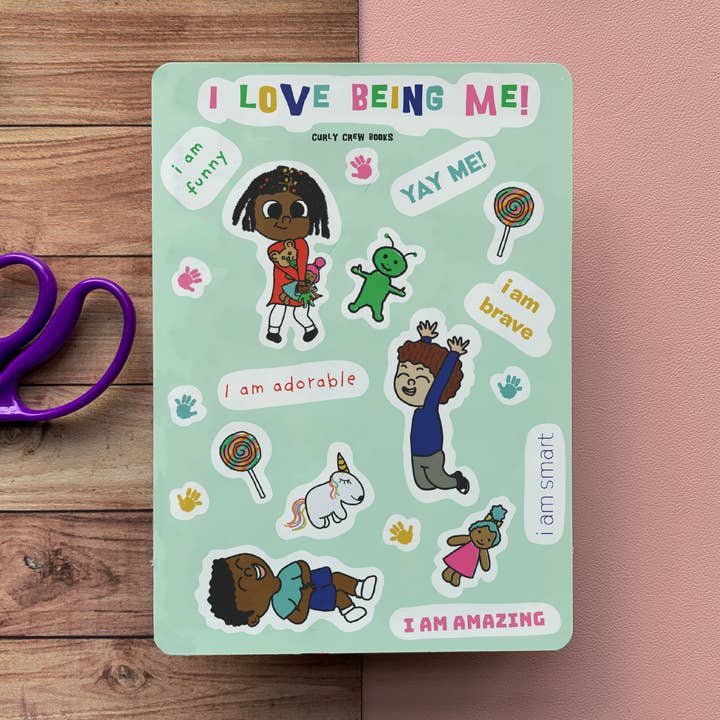 "I Love Being Me!" Sticker Sheet for wholesale by Curly Crew Books