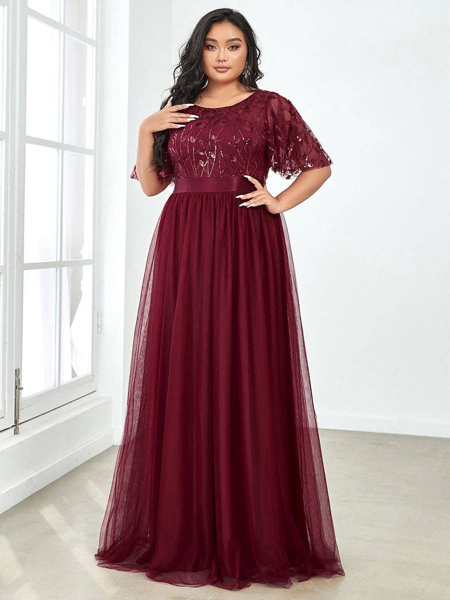 Ever-Pretty - Vente Robe de soirée – femme - Robe de soirée grande taille à imprimé pailleté avec manches courtes volantées11